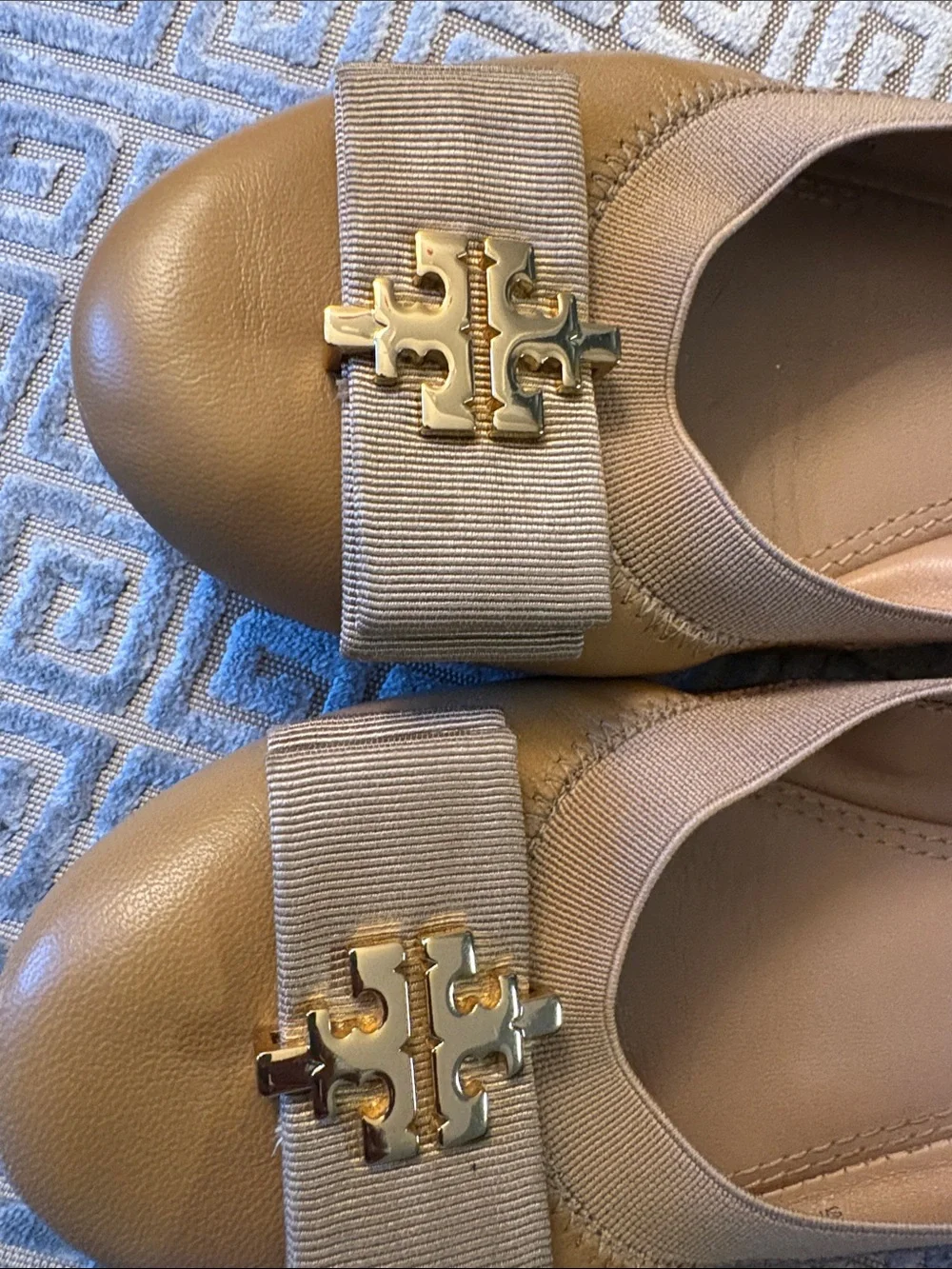 Tory Burch Camel Leather Logo Bow Flats